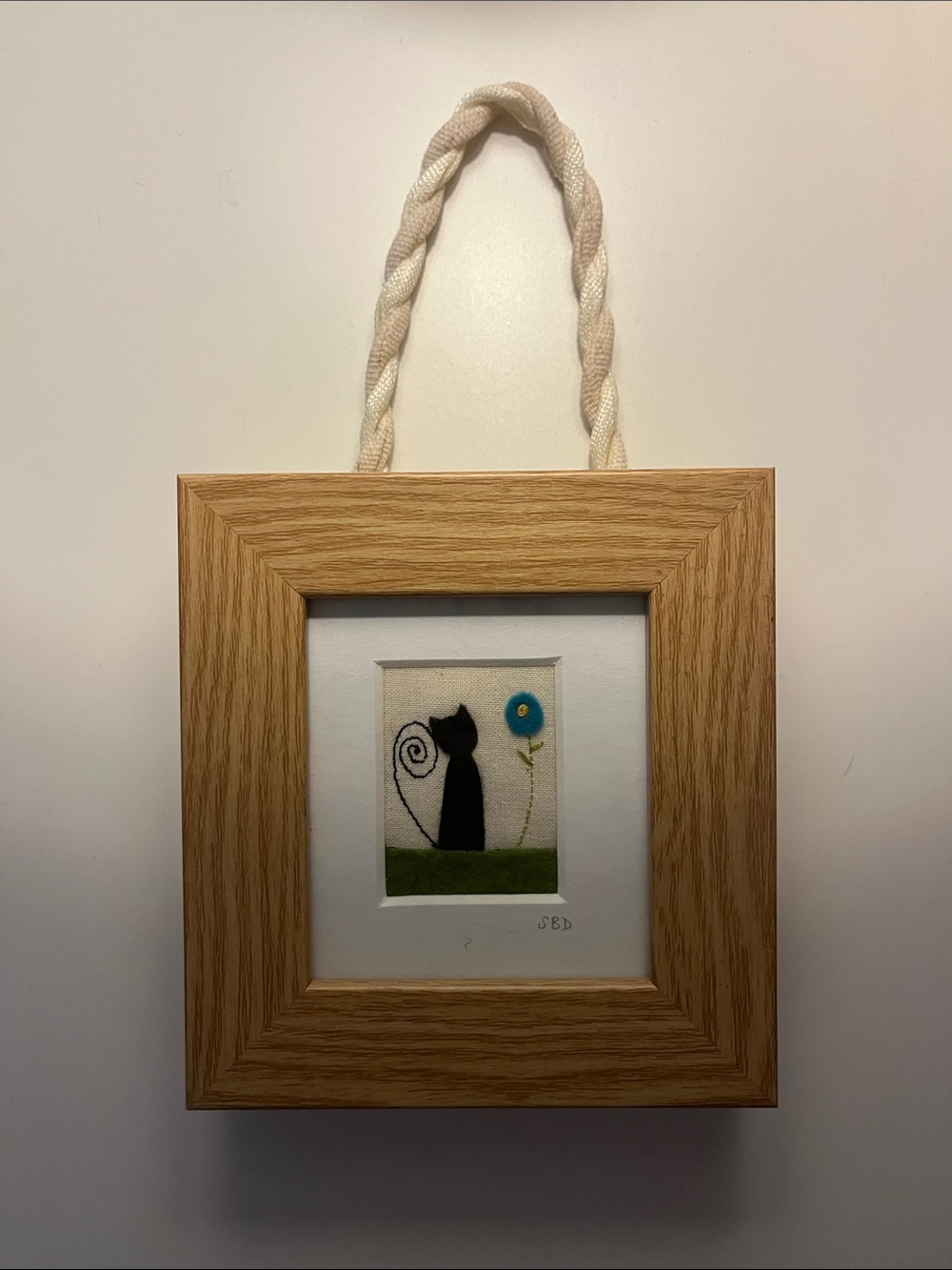 Handmade Black Cat Textile Wall Art in Oak Frame